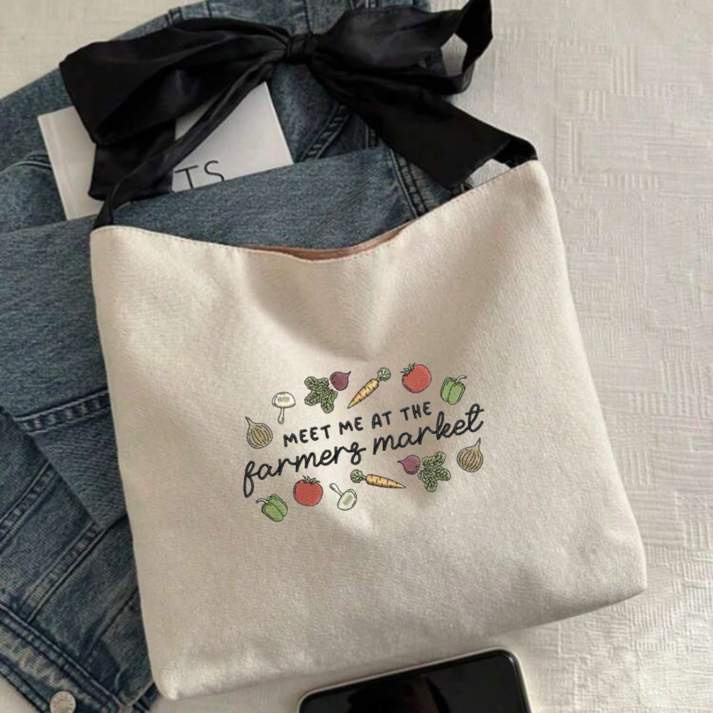 "Meet Me at the Farmer Market" - Embroidered Canvas Tote Bag with a Silk Black Bow