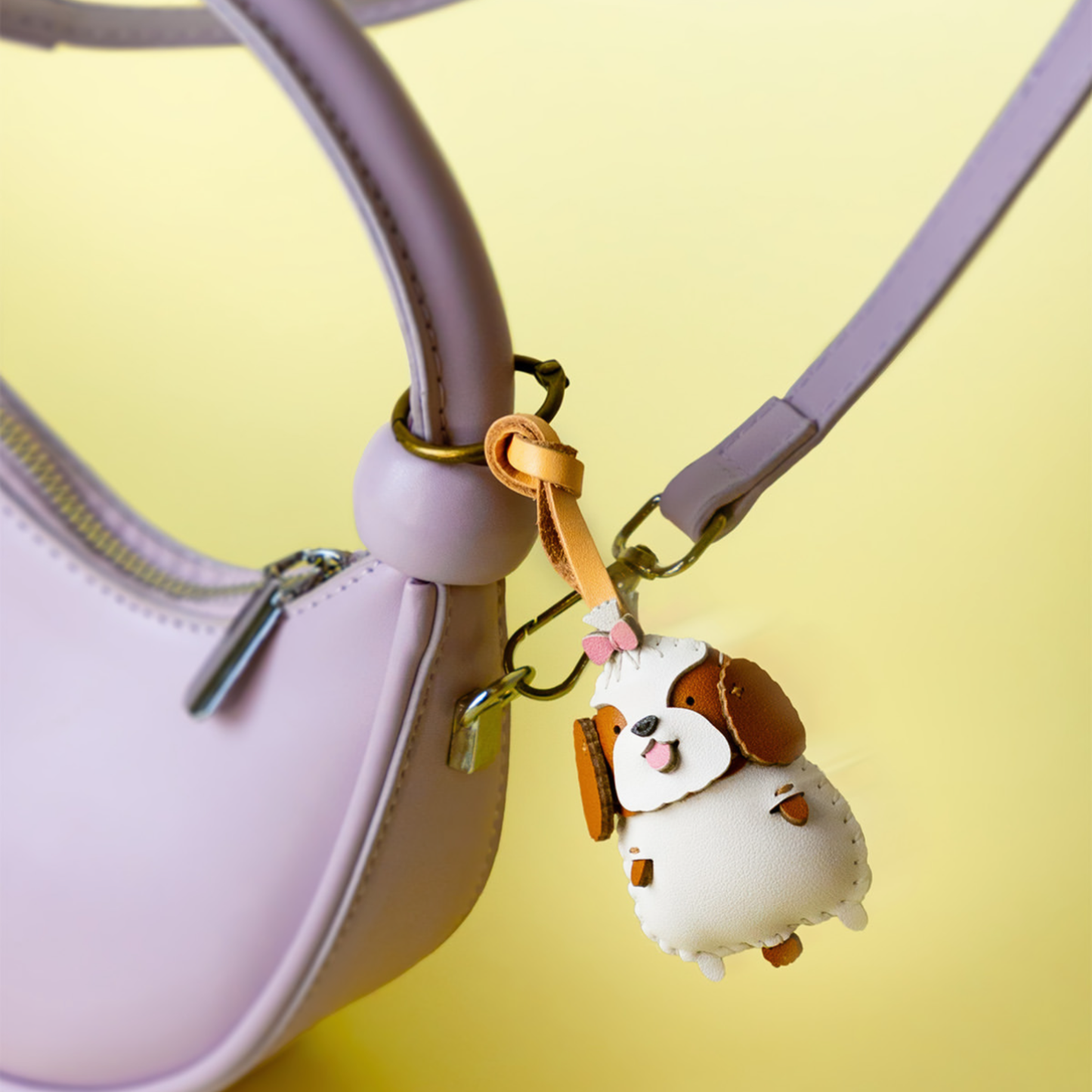 Leather Puppy Bag Charm with a Pink Bow