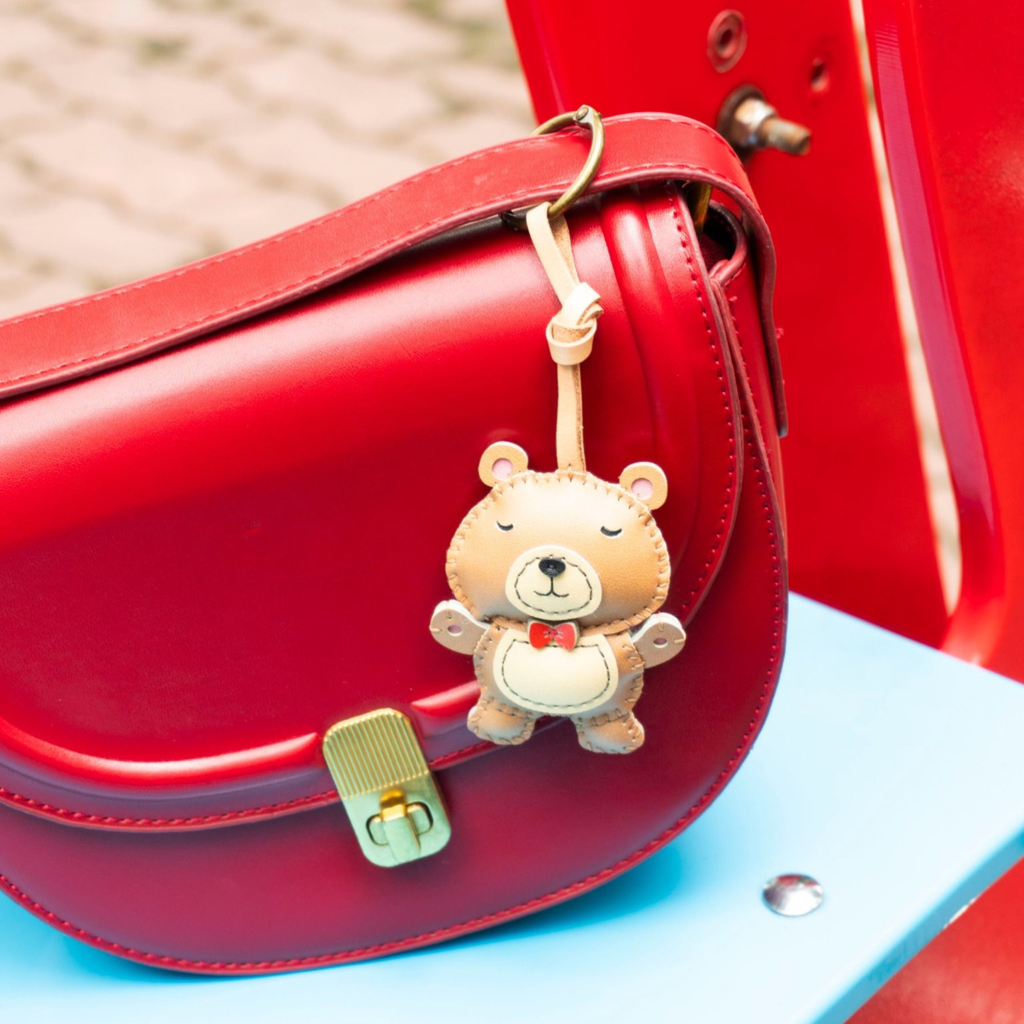 Leather Teddy Bear Charm with Red Bowtie